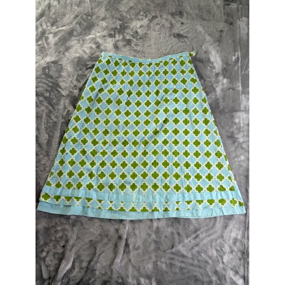 Tory Burch Blue Green Geometric Quatrefoil Cotton A-Line Skirt Womens Size 0